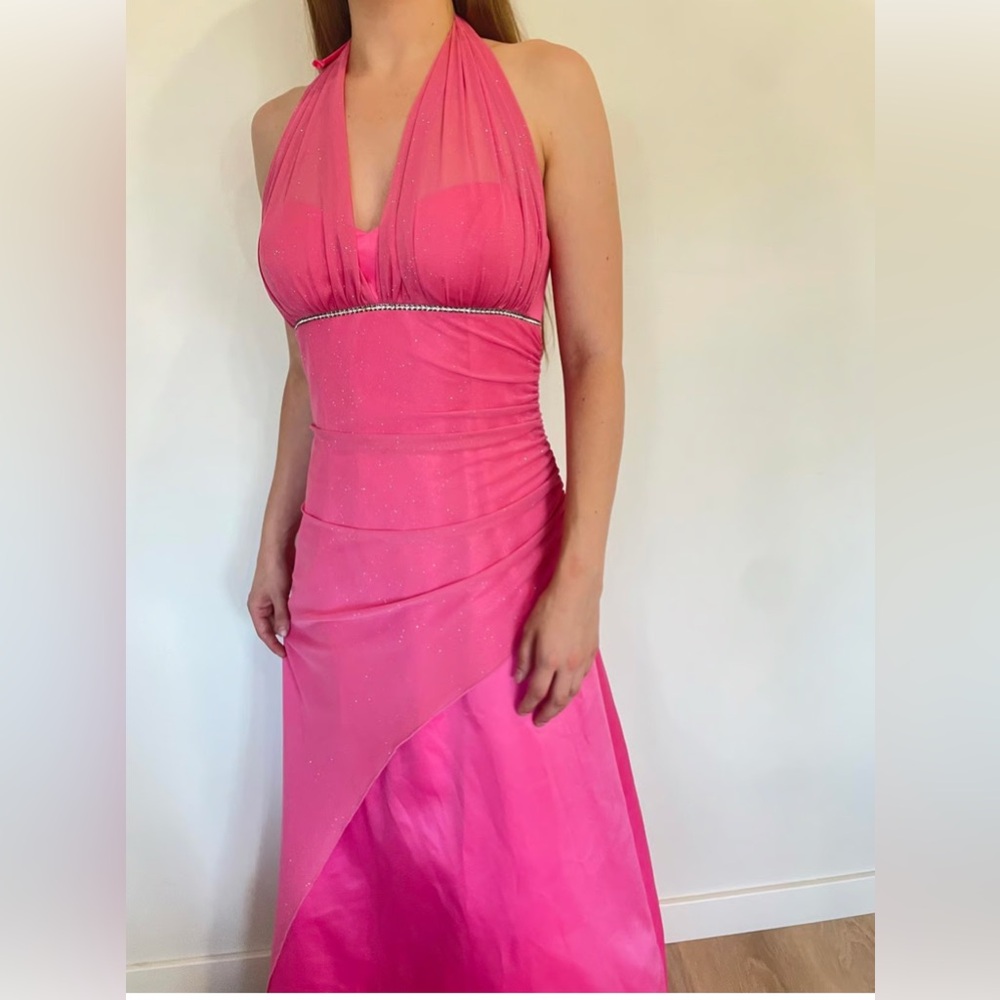 JUMP APPAREL Pink Y2K halter maxi gown dress rhinestones glitter flowy fairy
